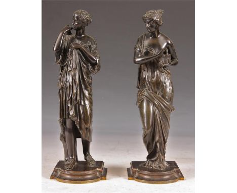 A pair of 19th Century Neo-Classical style French Bronze FIGURES of standing young ladies&nbsp;30.5cms high signed E Pre'vot 