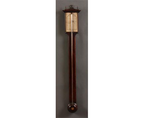 J. CROCE, YORKA good late Georgian inlaid Mahogany STICK BAROMETER with caddy top pediment and glazed printed paper dial 93cm