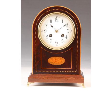 A late 19th Century shell inlaid and chequer band strung Mahogany arched top MANTEL CLOCK on brass splay feet, the white enam
