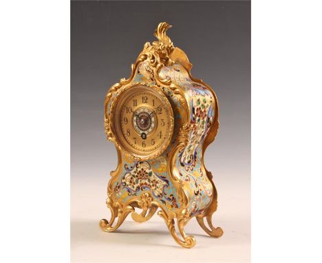 A decorative late 19th Century French rococo gilt Brass and Champleve Enamel small MANTEL CLOCK the masked dial with Arabic n