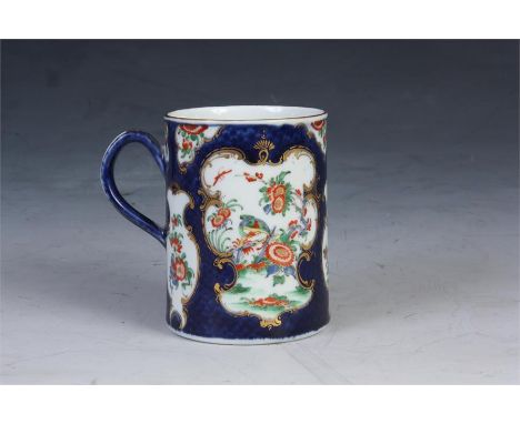 A good First Period Blue scale Polychrome Worcester MUG&nbsp;with finely painted scrolled gilt edged floral and landscape pan