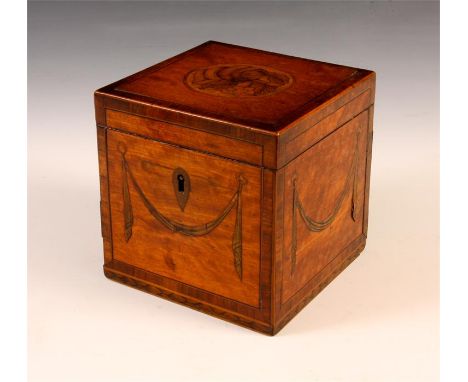 A George III rosewood crossbanded and boxwood strung Satinwood cube TEA CADDY with floral medallion inlay to the lid above sw