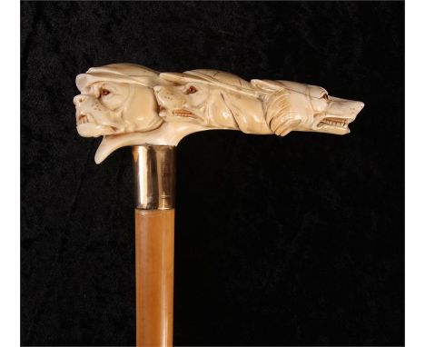 A fine 19th Century triple dogs head carved Ivory GENTLEMANS WALKING STICK with hallmarked yellow gold ferrule and tapering w