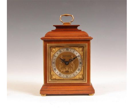 An Elliott Walnut caddy top MANTLE CLOCK with gilt and silvered brass Roman dial, eight day spring driven movement 21cms high