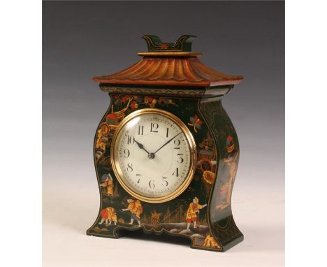 A stylish late 19th Century Green lacquer Chinoserie decorated ogee-shaped MANTEL CLOCK with pagoda pediment, the cream ename