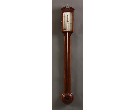 POCHAINE, NEWCASTLEA George III chequerband inlaid Mahogany STICK BAROMETER with engraved silvered dial and alcohol thermomet