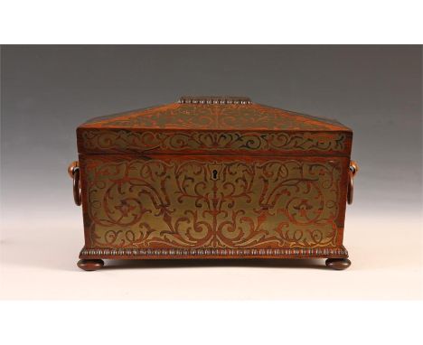 A good late Regency Brass inlaid Rosewood sarcophagus TEA CADDY with finely fitted interior&nbsp;35cms across handles 19cms h