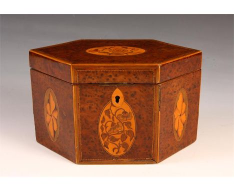 A good George III marquetry panelled, finely inlaid and cross-banded Burr Yew Wood hexagonal TEA CADDY 21cms by 11cms 12cms h