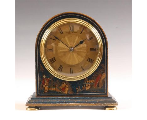 A blue lacquer and Chinoserie decorated arch-top MANTEL CLOCK with brass handle and flattened turned feet circa 1900-20.&nbsp