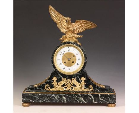 An impressive late 19th Century veined Green Marble and Cast Gilt Brass mounted MANTEL CLOCK.&nbsp; The drumhead case with wi