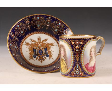 A fine 19th Century Sevres gilt and&nbsp;royal blue ground portrait CABINET CUP AND SAUCER painted with three oval panels of 