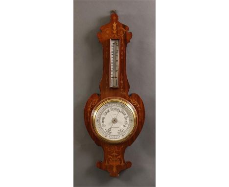 J. LIZARS, GLASGOW &amp; EDINBURGHA late 19th Century inlaid Mahogany ANEROID BAROMETER/THERMOMETER with calibrated porcelain