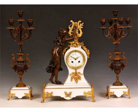 A stylish late 19th Century bronzed Gilt Metal and White Marble THREE PIECE GARNITURE MANTEL CLOCK SET with plinth bases and 