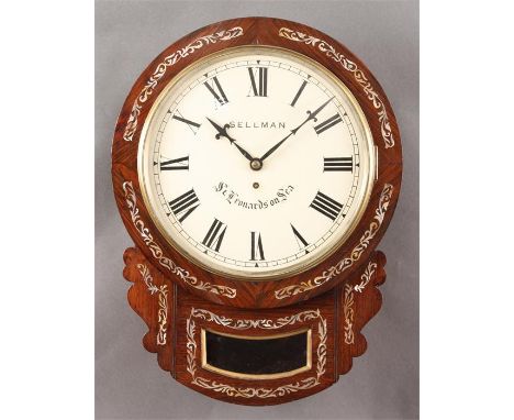 SELLMAN, St. Leonards on SeaA mid 19th Century Rosewood and Mother of Pearl inlaid DROP DIAL WALL CLOCK&nbsp;with shaped ears