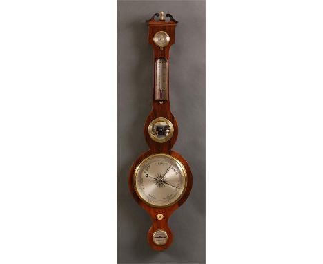 A late Georgian Rosewood five dial WHEEL BAROMETER with thermometer and 8&rdquo; engraved silvered dial 95cms high&nbsp;