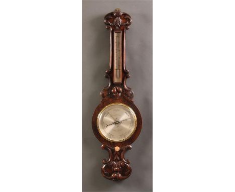 A SIMPSON, FRASERBURGHAn early Victorian carved Rosewood WHEEL BAROMETER with thermometer to the stem and 8&rdquo; engraved s