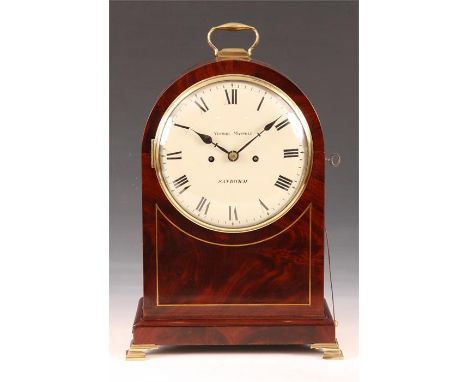 VITTORI MASPOLI, SANDWICHA good George IV figured Mahogany arched top BRACKET CLOCK with brass folding handle and ogee feet. 