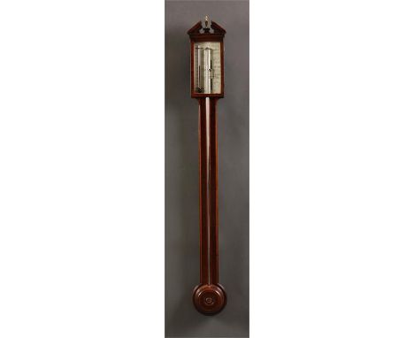 V. SILVANI, BRIGHTONA George III inlaid Mahogany STICK BAROMETER with engraved silvered dial and alcohol thermometer 98cms hi