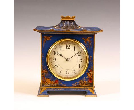 &nbsp;An Edwardian Chinoisserie decorated blue Lacquer pagoda top MANTLE CLOCK with cream Arabic convex dial and French eight