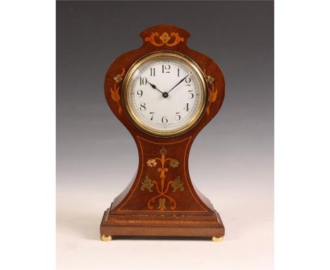A late 19th Century marquetry inlaid Mahogany balloon-shaped MANTEL CLOCK with enamelled Arabic dial and French eight day spr