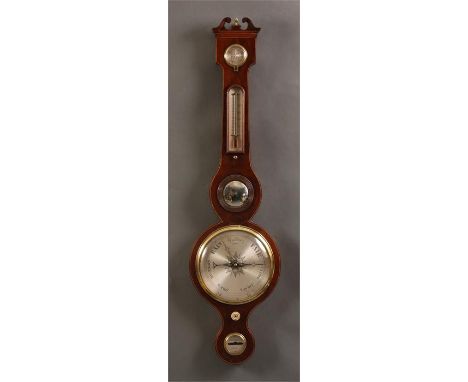 JOHS. SOLCHA, HULLA late Georgian inlaid flame veneered Mahogany five dial WHEEL BAROMETER/THERMOMETER the 8&rdquo; engraved 