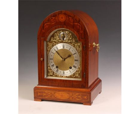 A late 19th Century marquetry inlaid Rosewood German Winterhalder &amp; Hofmeier lancet-top MANTEL CLOCK.&nbsp; The arched br