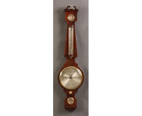 COX, LONDONA good late Georgian flame veneered Mahogany WHEEL BAROMETER with long thermometer to the stem and 8&rdquo; engrav