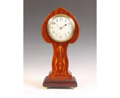 A good late 19th Century Art Nouveau marquetry inlaid Mahogany MANTEL CLOCK the arrow-head shaped case with cream Arabic conv