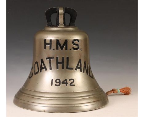 A rare WW2 Nickled Bronze SHIPS BELL from H.M.S Goathland signed and dated 1942.The ship was captained by E.N.Pumphrey who wa