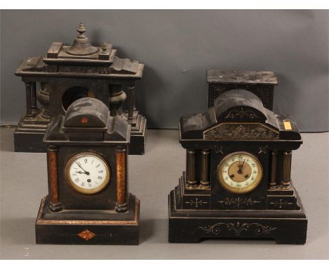 Two late 19th Century large black Slate MANTEL CLOCKS with French movements and two similar CLOCK CASES 