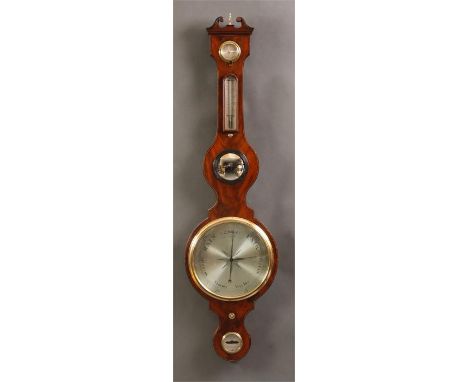 GALFETTI, WORCESTERA good late Georgian flame Mahogany inlaid five dial WHEEL BAROMETER/THERMOMETER of generous size; the 10&