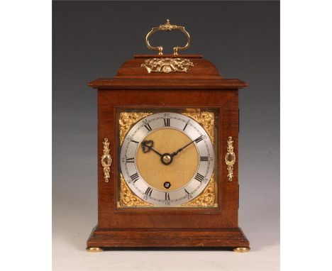A late 19th/early 20th Century English Mahogany MANTEL CLOCK with caddy top and gilt brass mounts, the gilt brass and silvere