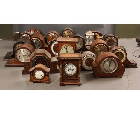 A large selection of 1920&rsquo;s Oak and Walnut spring driven MANTEL CLOCKS, plus a boxed lot of various CLOCK PARTS and CAS