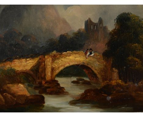 English School, 19th c - Boys Fishing from a Bridge; Figures by an Overgrown Building, a pair, oil on panel, 14 x 18.5cm (2) 