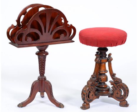 A Victorian carved walnut piano stool and an antique style mahogany canterbury on tripod (2)  Good condition