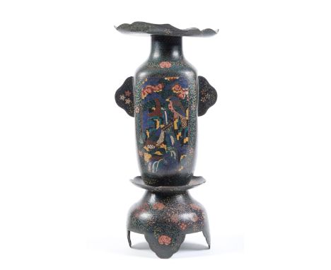 A Japanese cloisonne enamel vase, Meiji period, of rounded square section with saucer neck, on domed base, 50cm h Dented