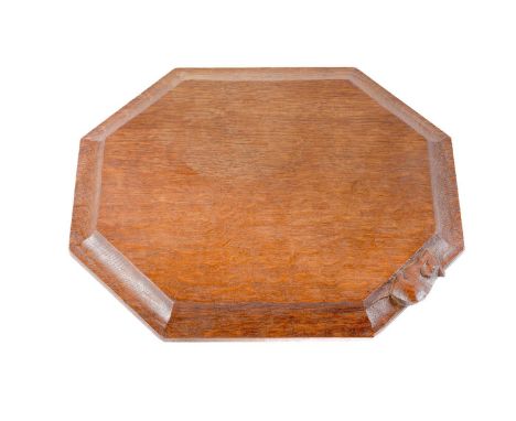 A Robert 'Mouseman' Thompson oak cheese board, second half 20th c,&nbsp;30cm l, carved mouse 'signature'  Good condition with