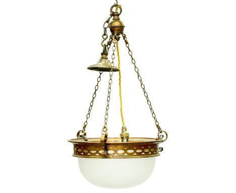 A lacquered brass hanging light with frosted glass bowl, c1930, suspended from chains, 32.5cm diam  Good condition