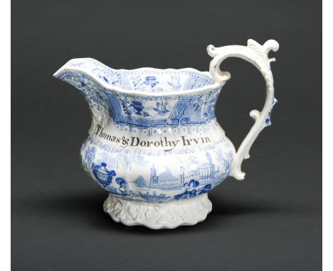 A British blue printed earthenware jug, dated 1828, inscribed in black enamel Thomas &amp; Dorothy Irvin December 16th 1828, 