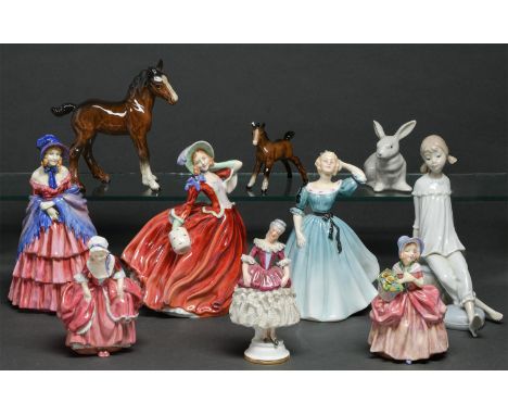Ten Royal Doulton, Beswick and other bone china and earthenware figures of young women and animals, various sizes, printed ma