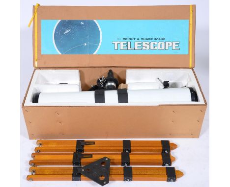 A Japanese 110mm astronomical reflecting telescope, F900mm, with accessories and folding wood tripod, boxed  Good condition