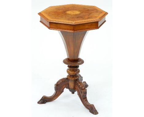 A Victorian walnut worktable, with octagonal lid and carved tripod, 69cm h; 46 x 46cm  Restored