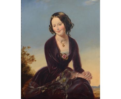 English School, mid 19th c - Portrait of a Young Woman, seated three quarter length, in a plum coloured dress with rose corsa