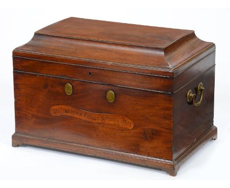 A rare Scottish George III Tobacco Spinners Society mahogany chest,&nbsp;the cavetto lid enclosing shallow tray with lock abo