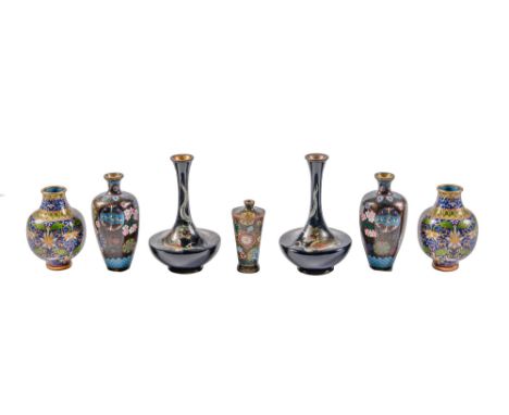 A pair of Japanese midnight blue ground cloisonne enamel dragon vases, Meiji period, 15cm h and one and two pairs of contempo