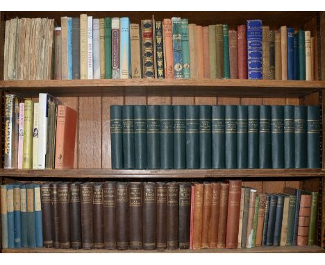 Five shelves of books, English literature, to include sets of R L Stevenson and W Thackeray, 19th c bindings and modern first
