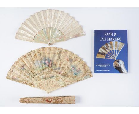 A French painted fan, late 19th c, the silk leaf painted with emblems of angling and three girls fishing on a riverbank, putt