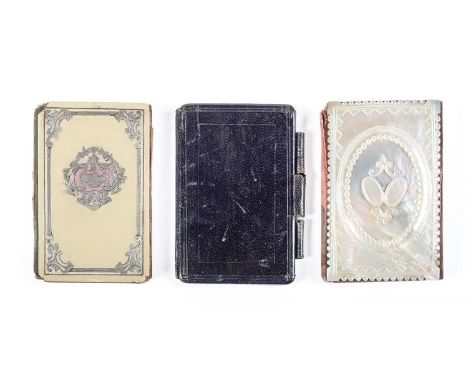 An aide memoire with carved mother of pearl cover and plain back, c1870, 95 x 63mm and two other contemporary aides memoire, 