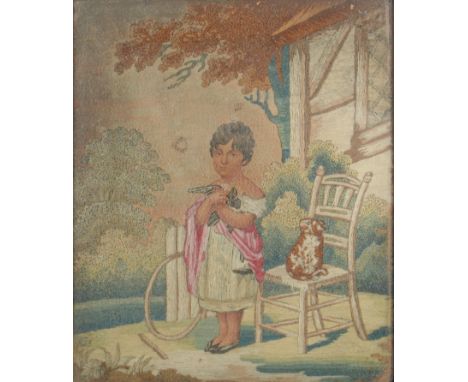 A Regency silk picture, worked en grisaille with figures near classical ruins, 31.5 x 49.5cm, verre eglomise mount, gilt cave