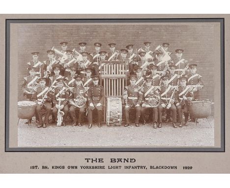 Militaria.&nbsp; Two mounted photographs of the Band of 1st Battalion King's Own Yorkshire Light Infantry, 1929 and 1931,&nbs